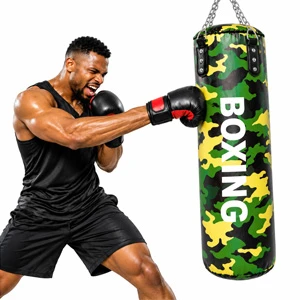 Military Punching Bag – Professional Long Synthetic Leather Heavy Bag with High-Density Fabric & Mesh Filling and Steel Hanging Chains for Boxing Kickboxing & Muay Thai 130 × 40 cm  (HJ-G069)